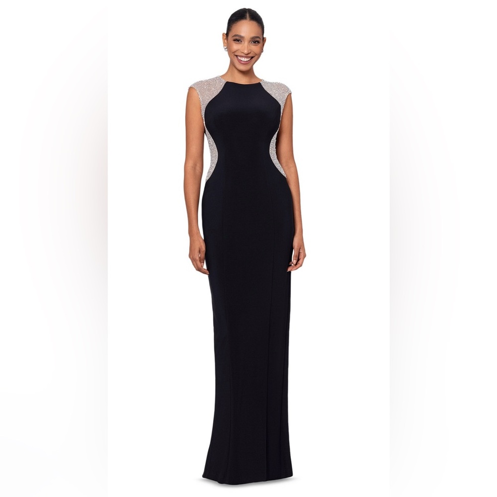 🔥 Black Tie Rhinestone Illusion Evening Gown | Xscape Size 4 Formal Maxi Dress 🖤